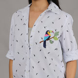 White toucan print shirt with embroidery on the pocket