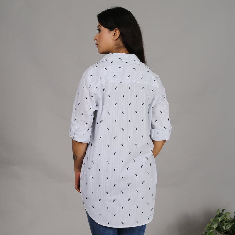 White toucan print shirt with embroidery on the pocket