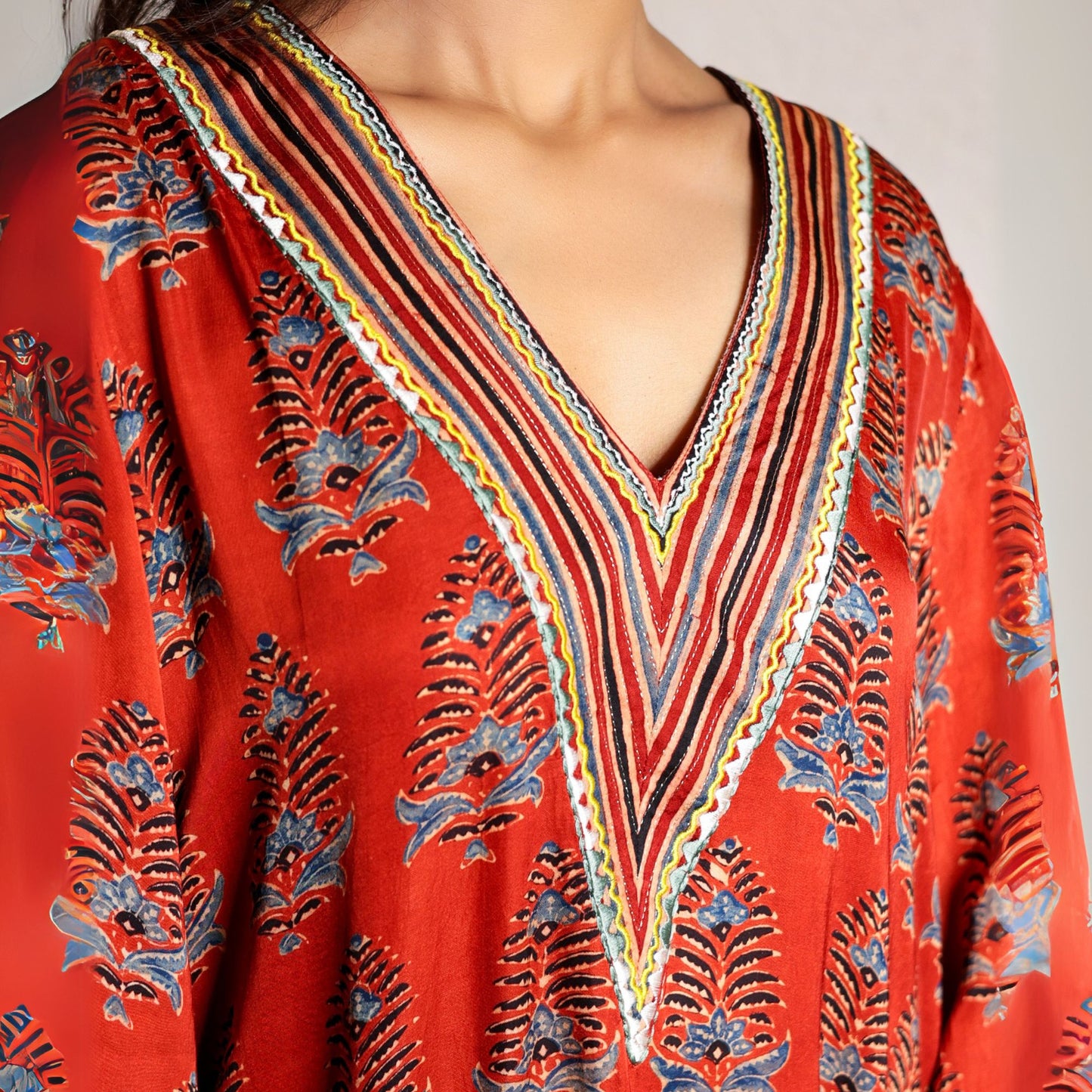 Red ajrakh printed modal silk kurta set with exaggerated sleeves