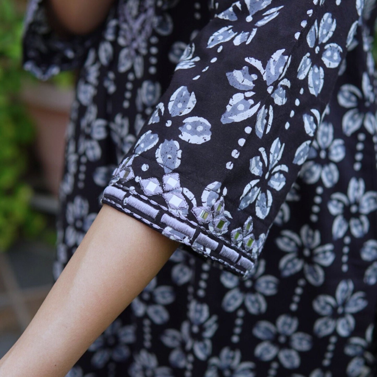 Black Floral Cotton Kurta Set with mirrorwork