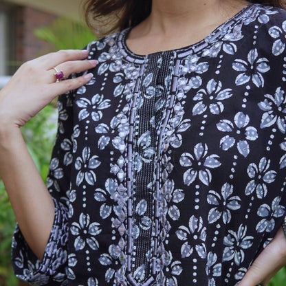 Black Floral Cotton Kurta Set with mirrorwork
