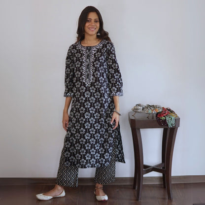 Black Floral Cotton Kurta Set with mirrorwork