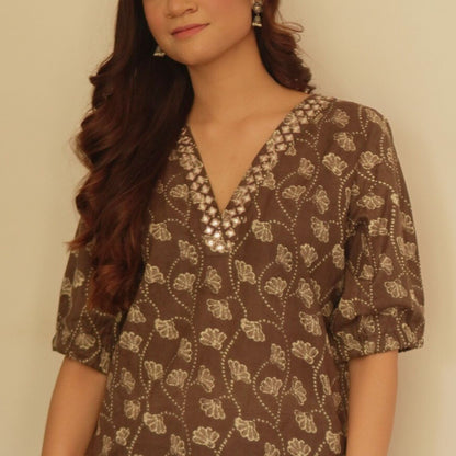 Brown Floral Kurta Set