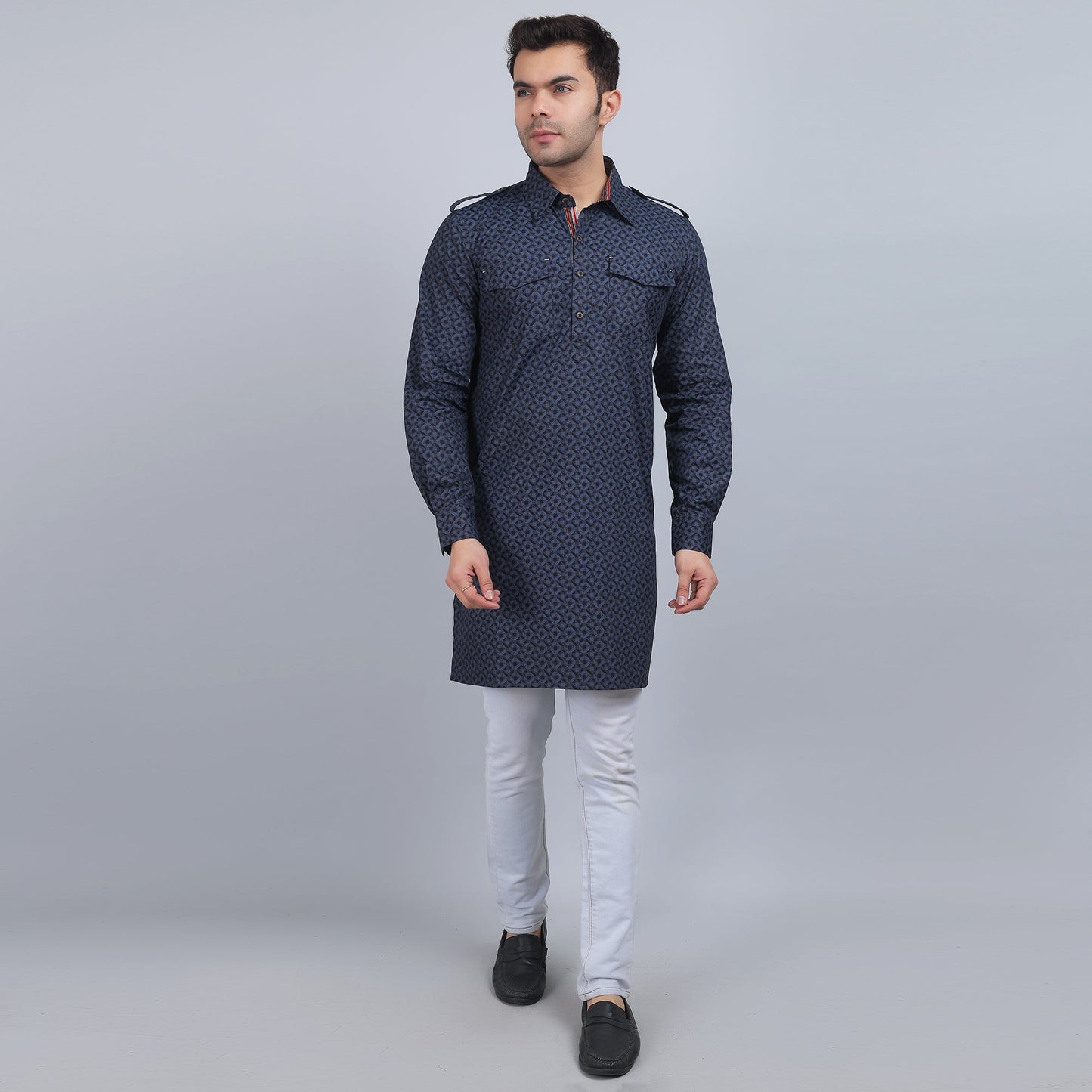 Blue grey cotton pathani full-sleeves shirt collar kurta in comfort fit