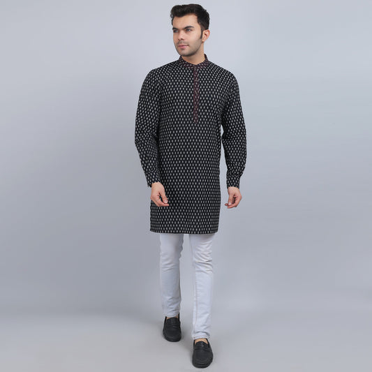 Black cotton full-sleeves band collar kurta in comfort fit