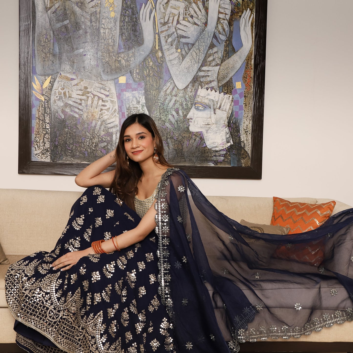 Navy blue Embroidered Lehenga Set