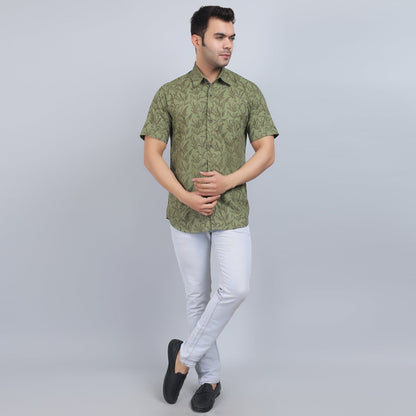 Olive Green Cotton printed half sleeves shirt