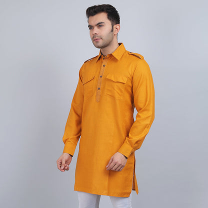 Mustard cotton pathani full-sleeves shirt collar kurta in comfort fit