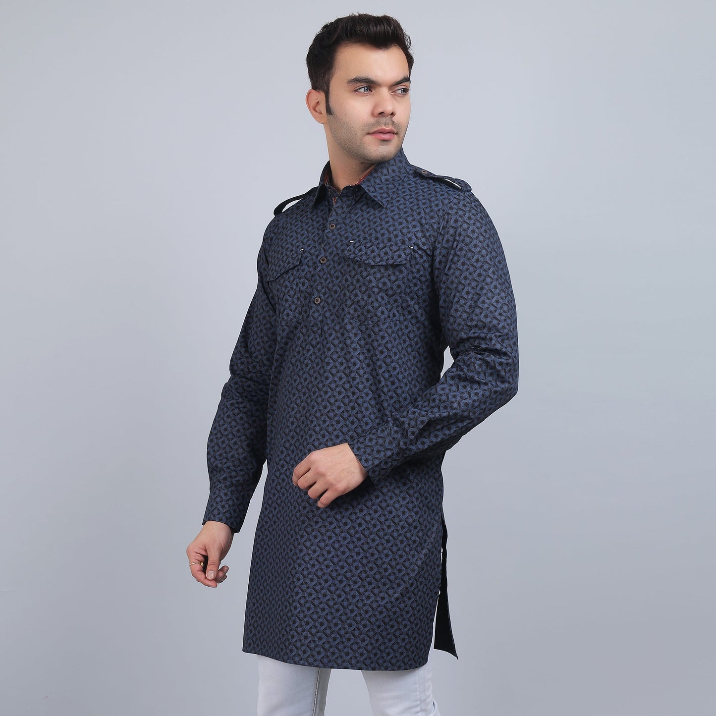 Blue grey cotton pathani full-sleeves shirt collar kurta in comfort fit