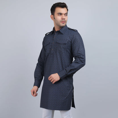 Blue grey cotton pathani full-sleeves shirt collar kurta in comfort fit