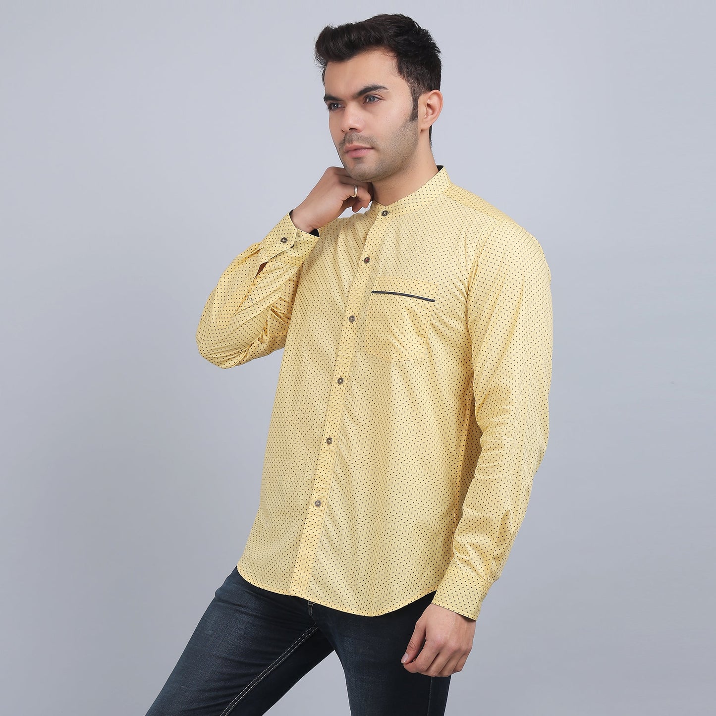 Yellow cotton printed band collar full sleeves shirt
