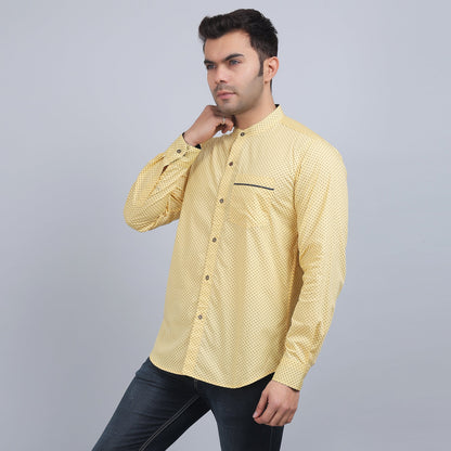 Yellow cotton printed band collar full sleeves shirt