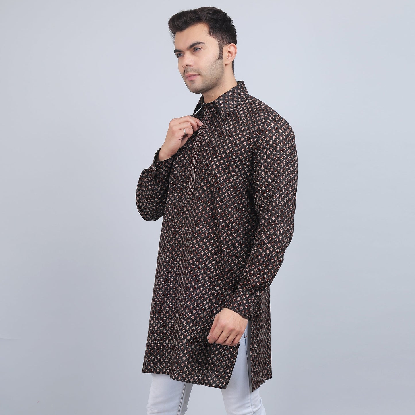 Brown full-sleeves shirt collar kurta in comfort fit