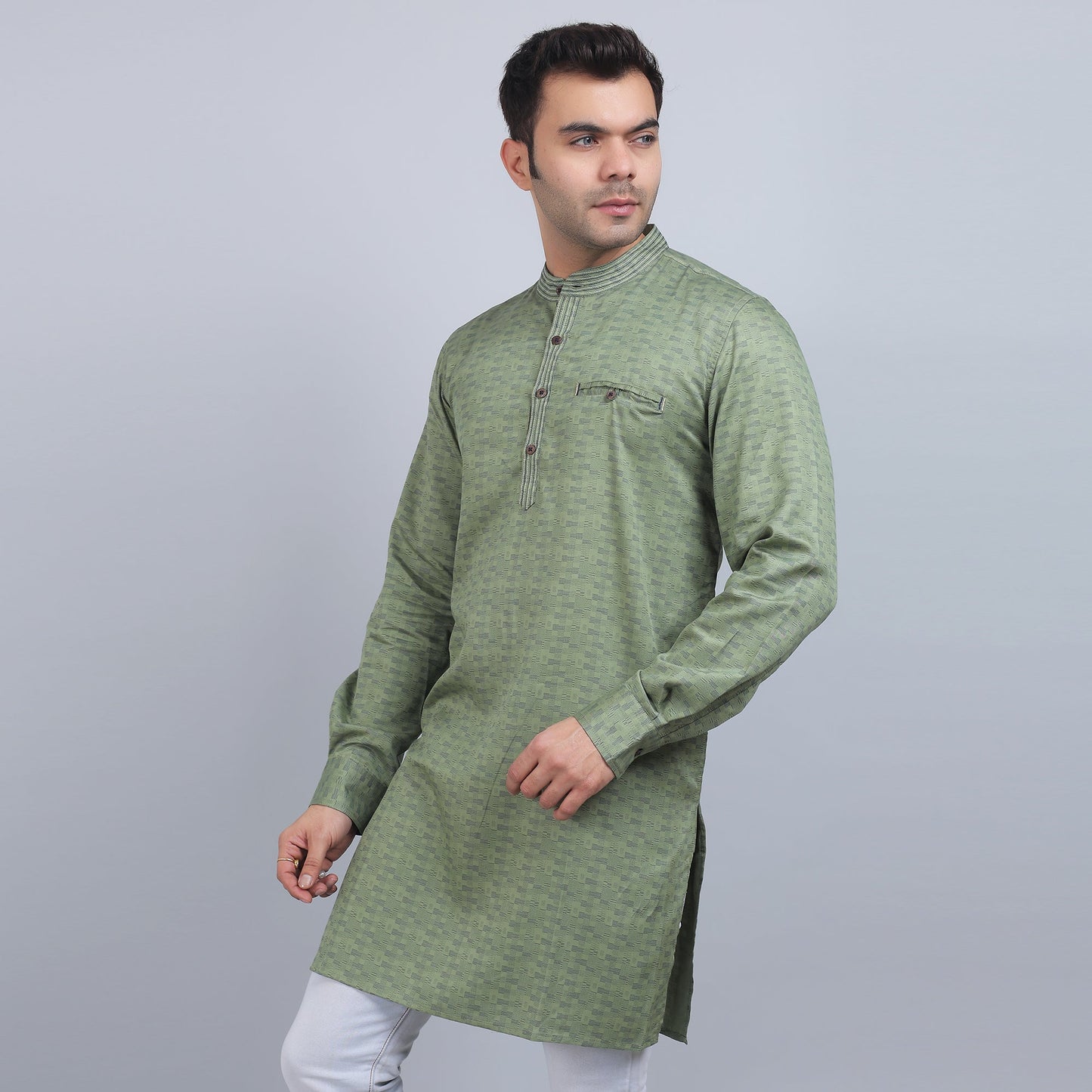 Olive green cotton full-sleeves band collar kurta in comfort fit