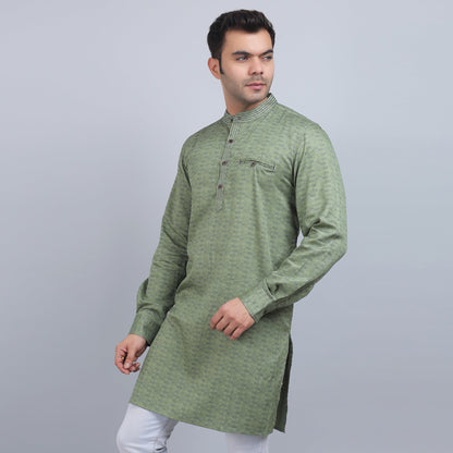 Olive green cotton full-sleeves band collar kurta in comfort fit