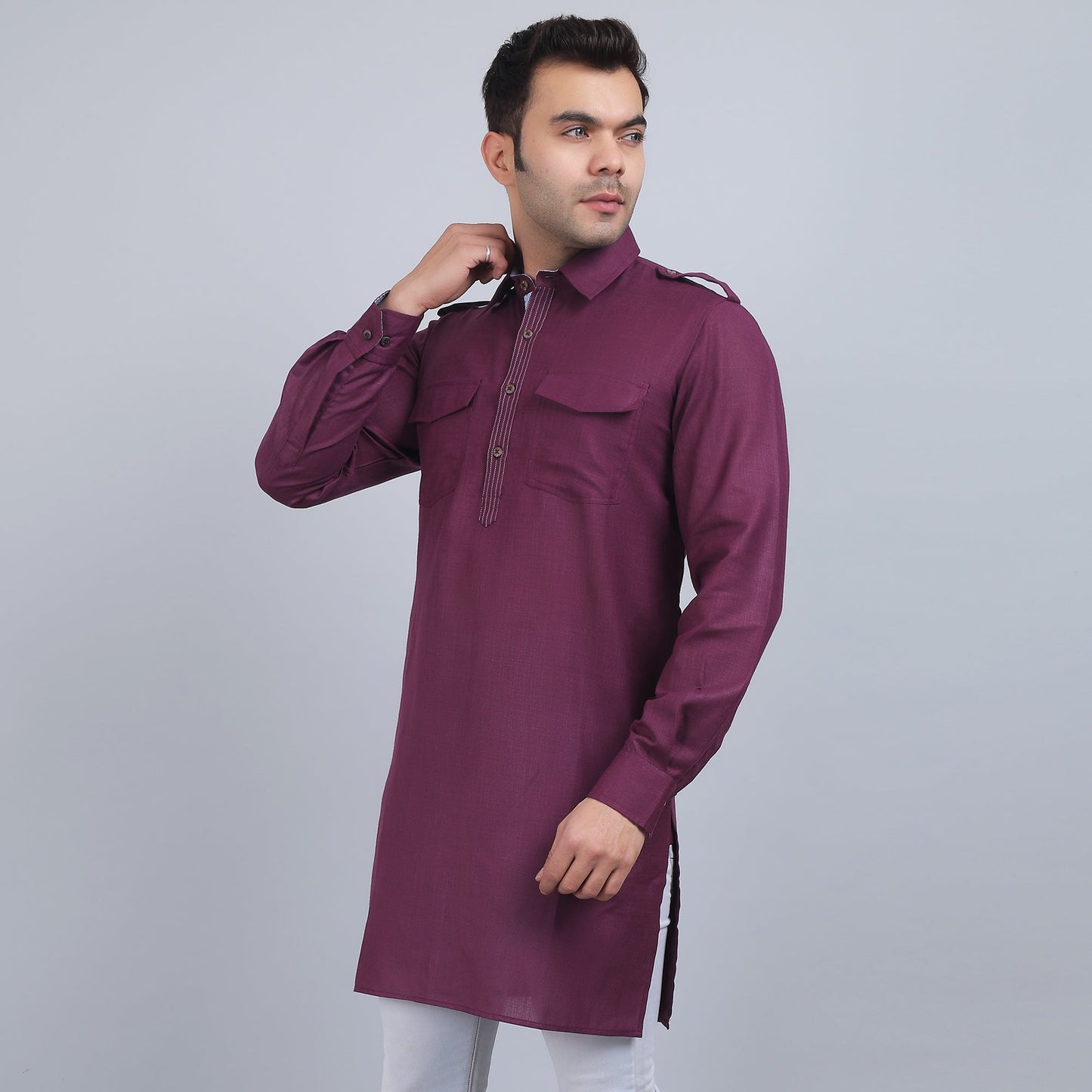 Purple cotton pathani full-sleeves shirt collar kurta in comfort fit