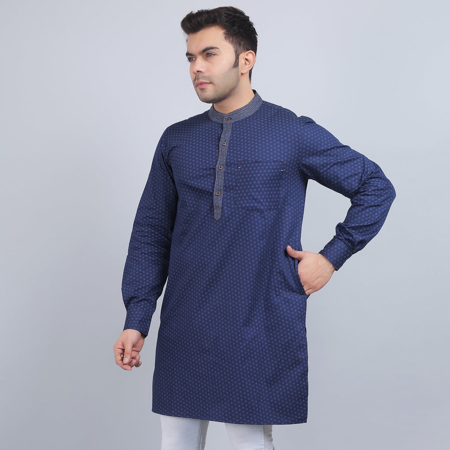Navy Blue cotton full-sleeves  band collar kurta in comfort fit