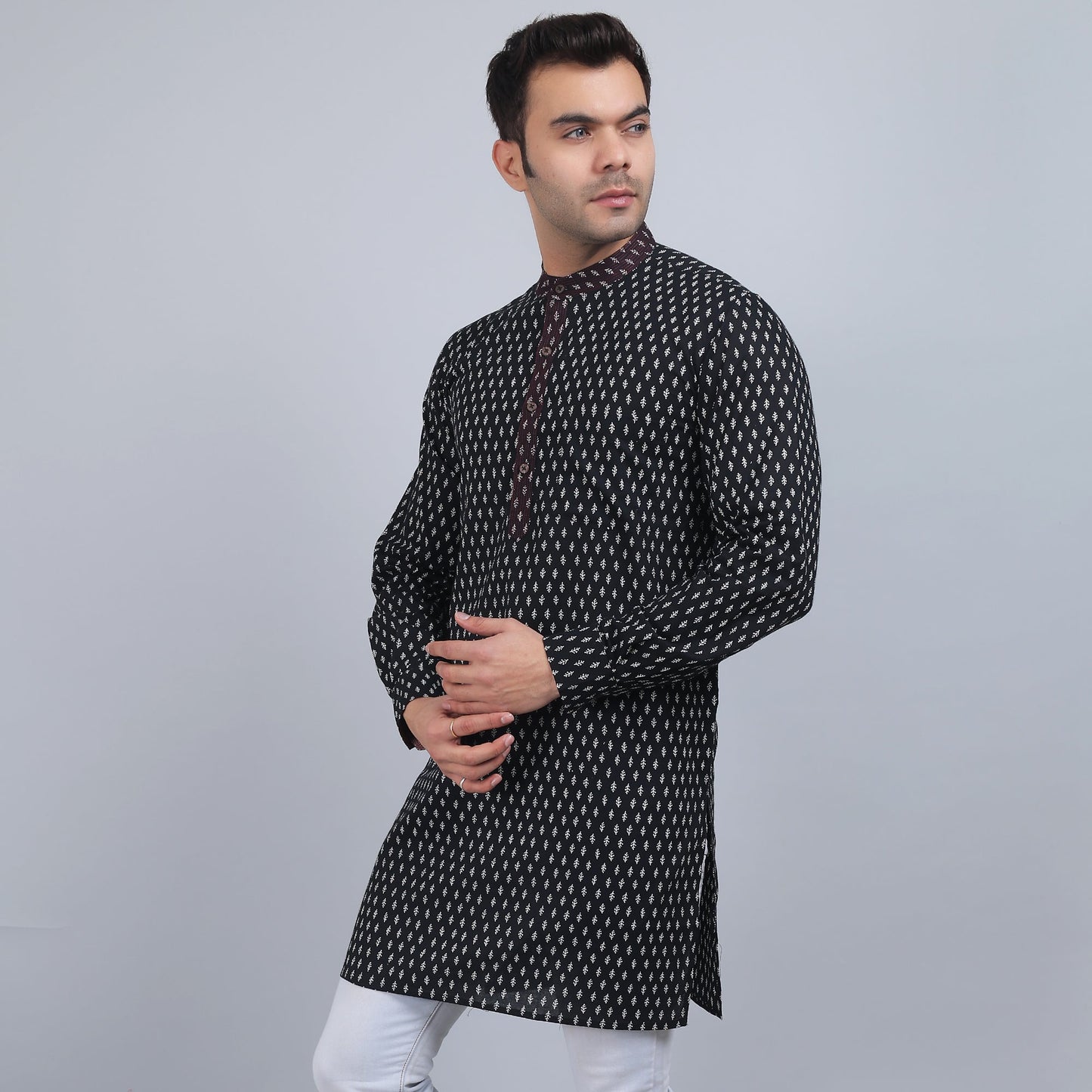 Black cotton full-sleeves band collar kurta in comfort fit