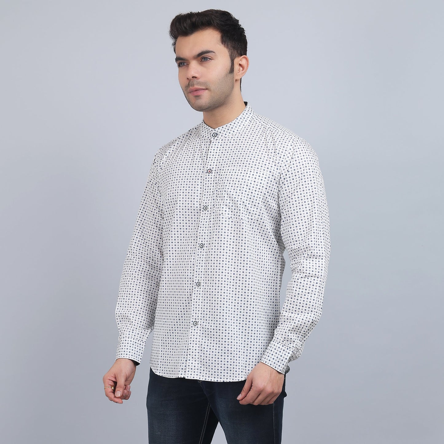 White Cotton printed band collar full sleeves shirt