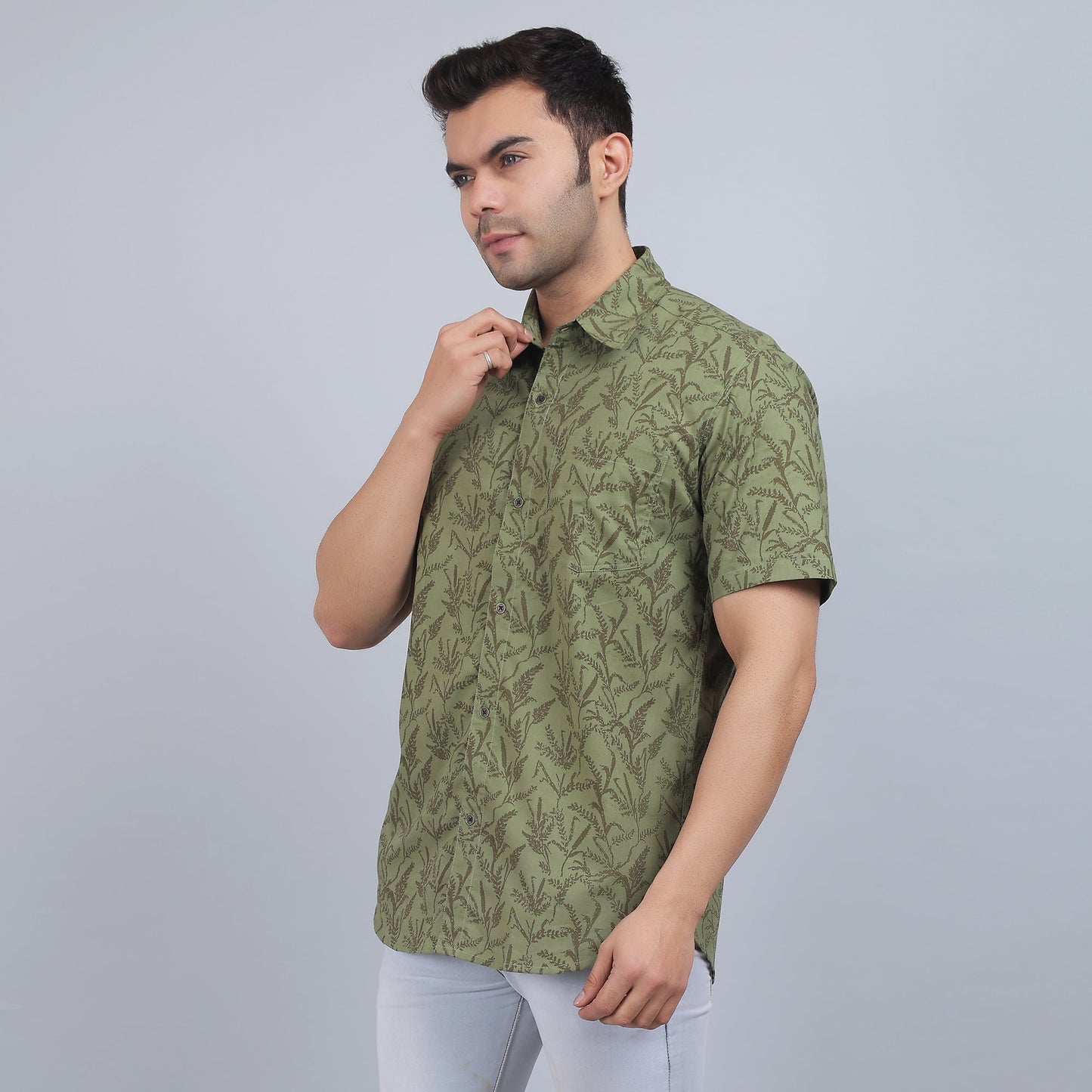 Olive Green Cotton printed half sleeves shirt