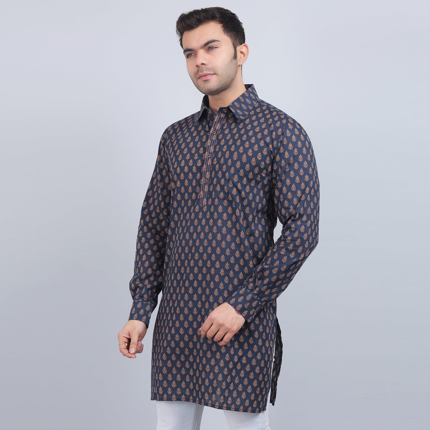 Navy Blue cotton full-sleeves shirt collar kurta in comfort fit