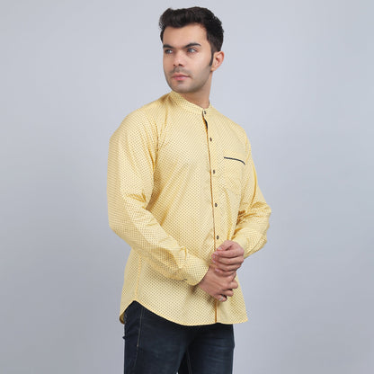 Yellow cotton printed band collar full sleeves shirt