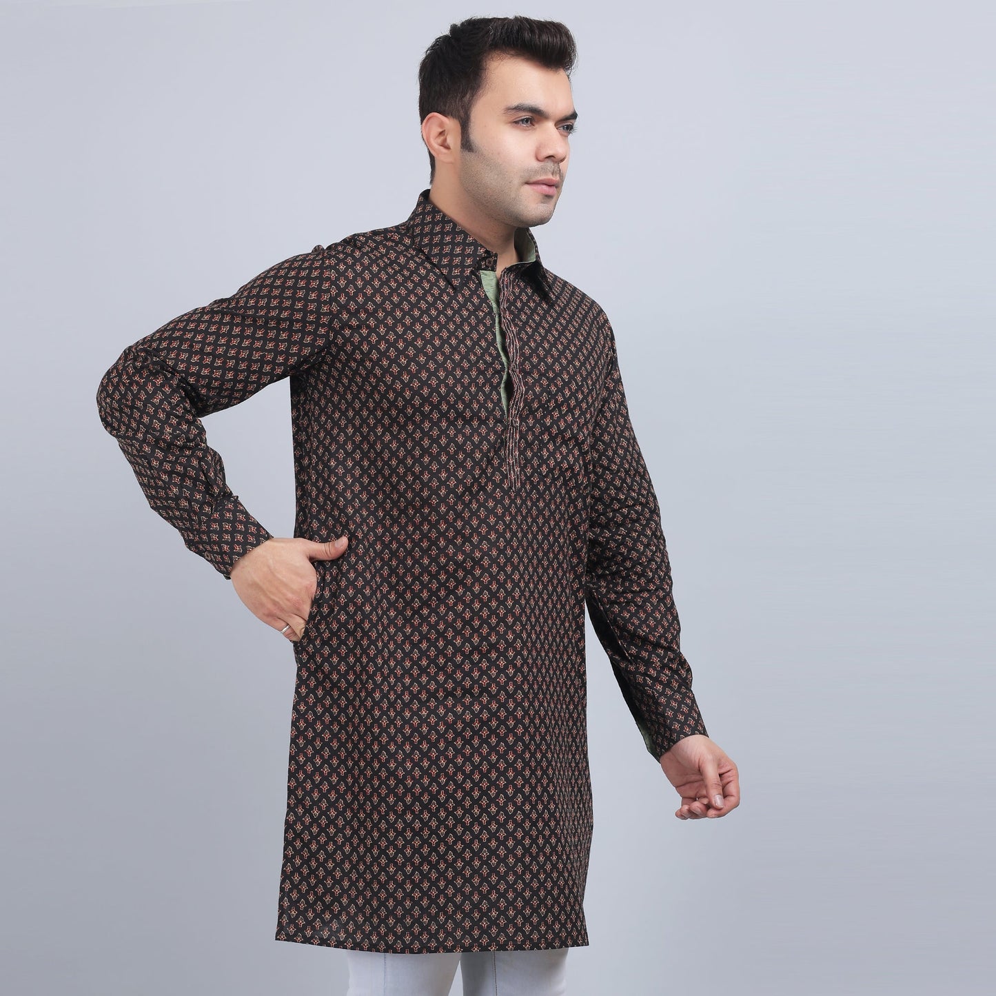 Brown full-sleeves shirt collar kurta in comfort fit