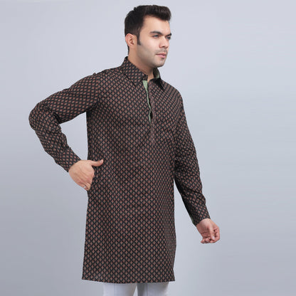 Brown full-sleeves shirt collar kurta in comfort fit