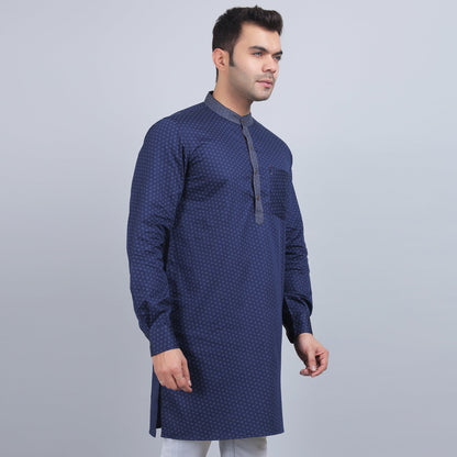 Navy Blue cotton full-sleeves  band collar kurta in comfort fit