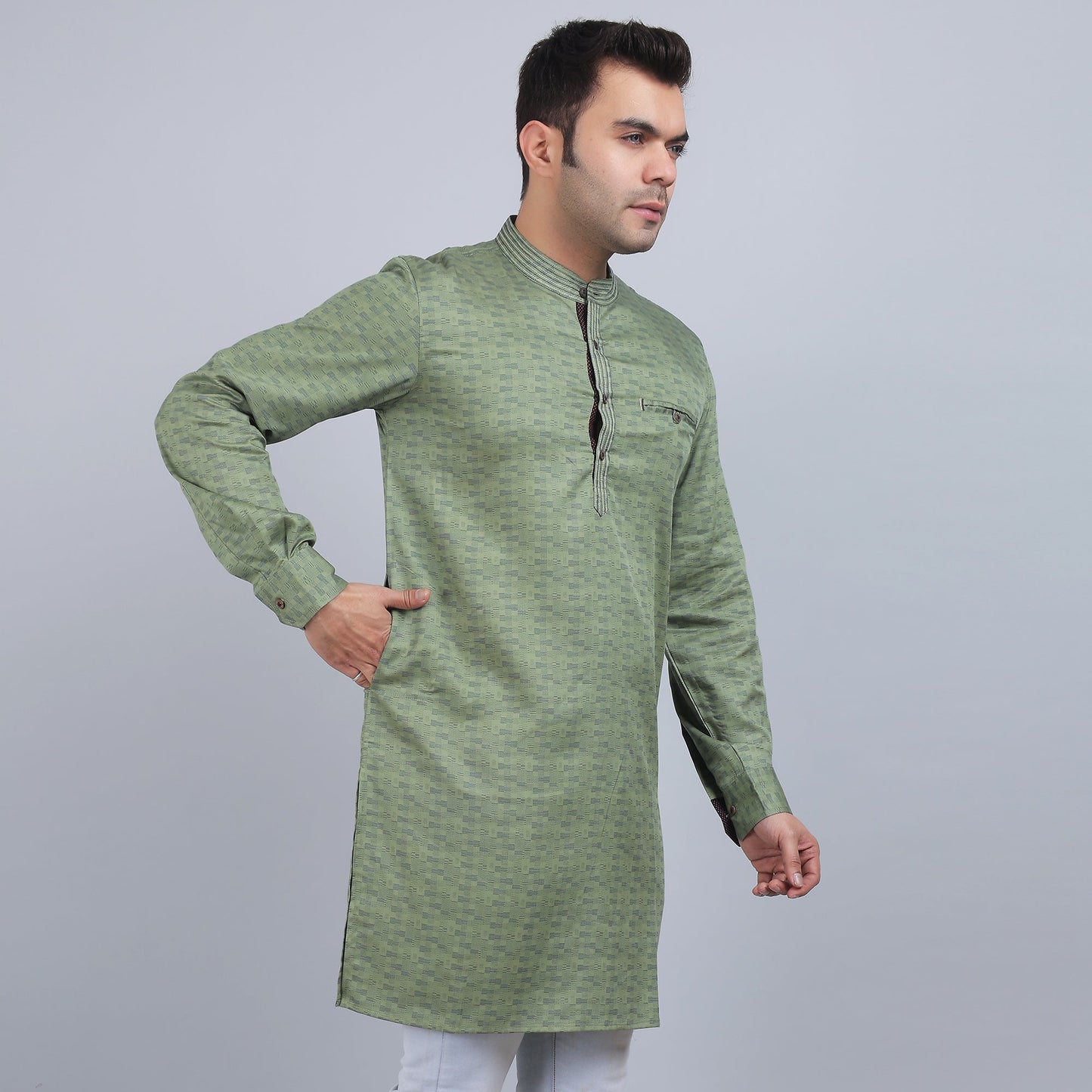 Olive green cotton full-sleeves band collar kurta in comfort fit