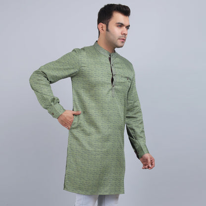 Olive green cotton full-sleeves band collar kurta in comfort fit