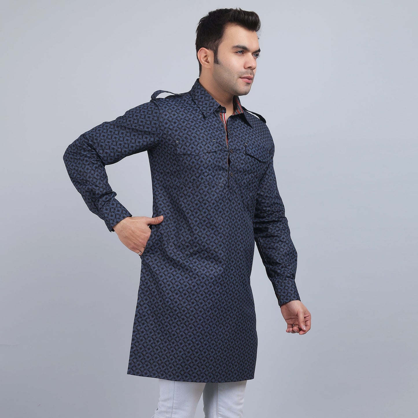 Blue grey cotton pathani full-sleeves shirt collar kurta in comfort fit