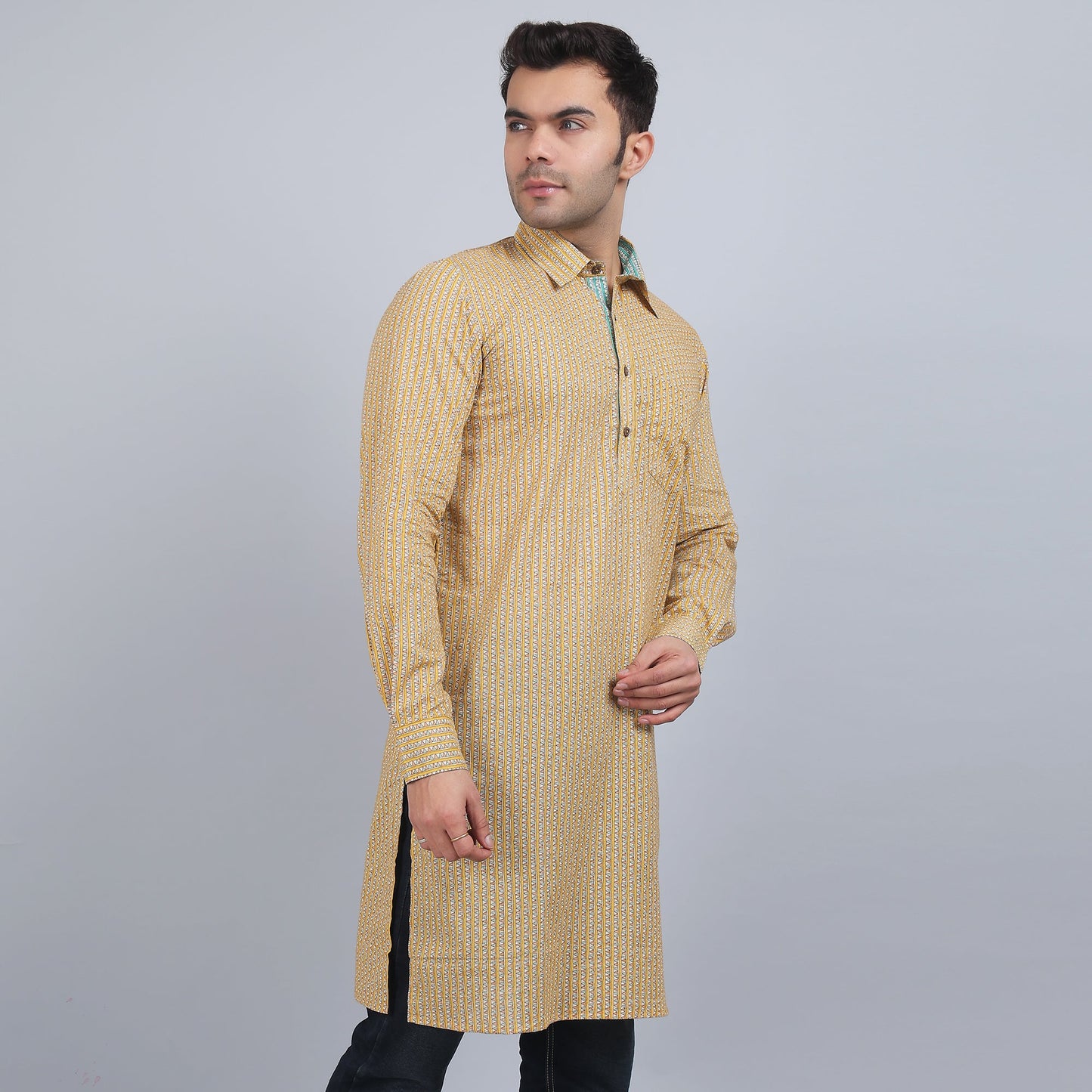 Yellow cotton full-sleeves shirt collar kurta in comfort fit