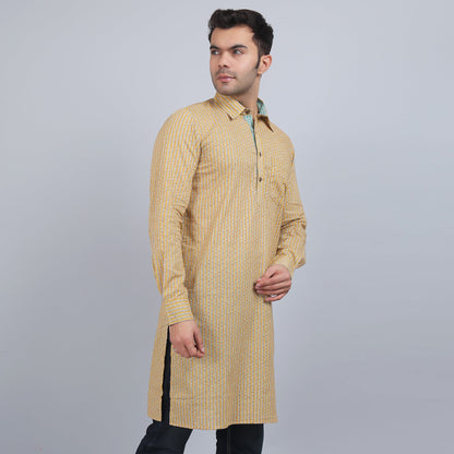 Yellow cotton full-sleeves shirt collar kurta in comfort fit