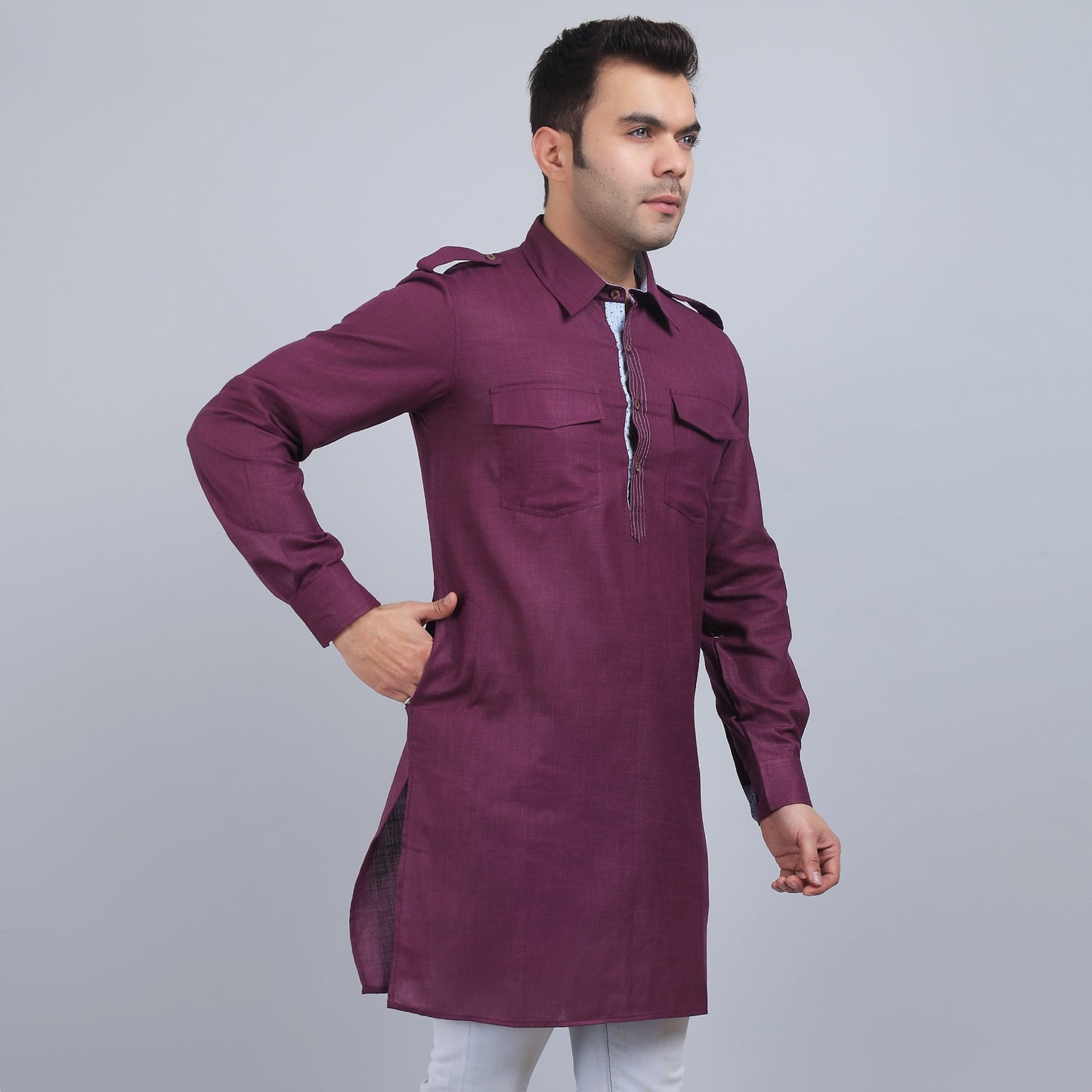Purple cotton pathani full-sleeves shirt collar kurta in comfort fit