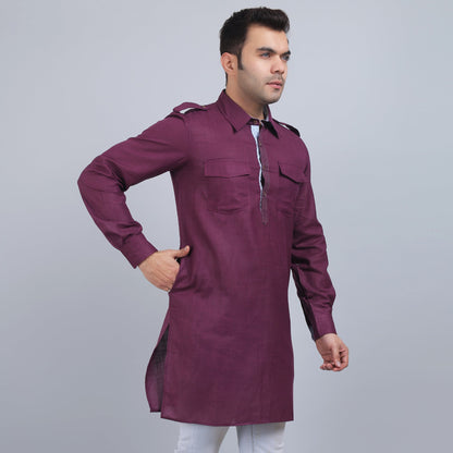 Purple cotton pathani full-sleeves shirt collar kurta in comfort fit