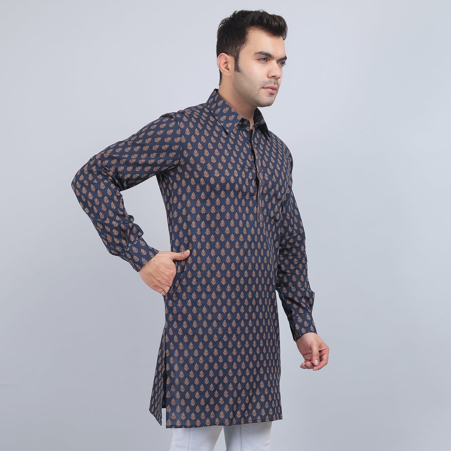 Navy Blue cotton full-sleeves shirt collar kurta in comfort fit