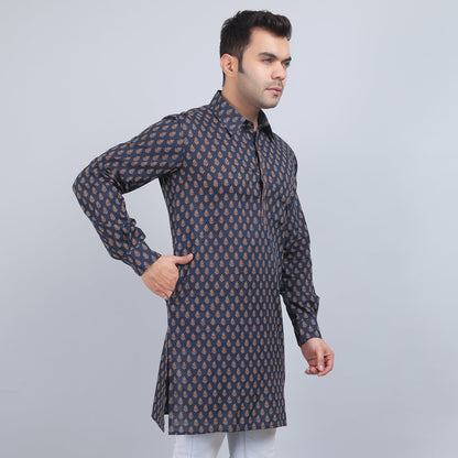 Navy Blue cotton full-sleeves shirt collar kurta in comfort fit