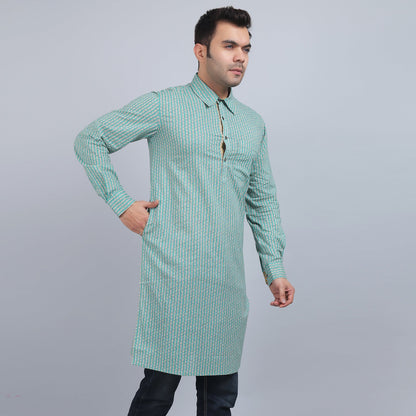 Green cotton full-sleeves shirt collar kurta in comfort fit