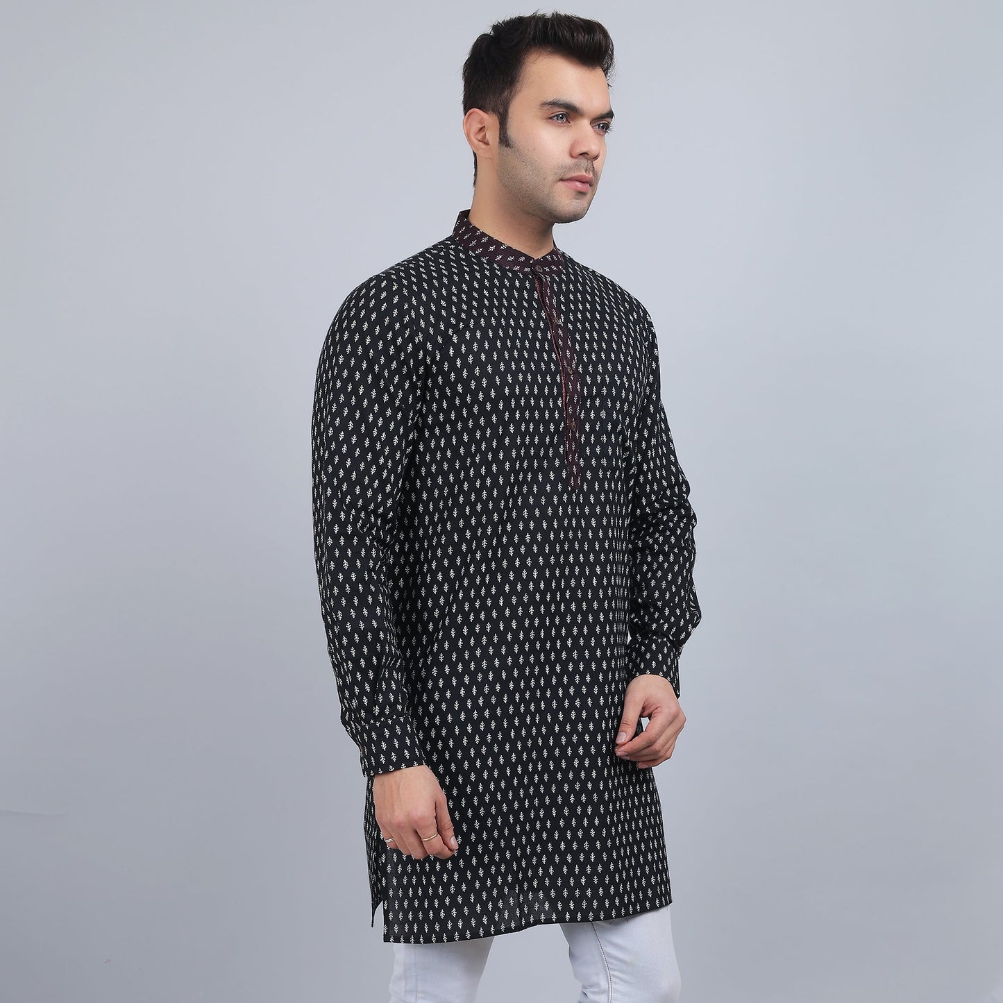 Black cotton full-sleeves band collar kurta in comfort fit
