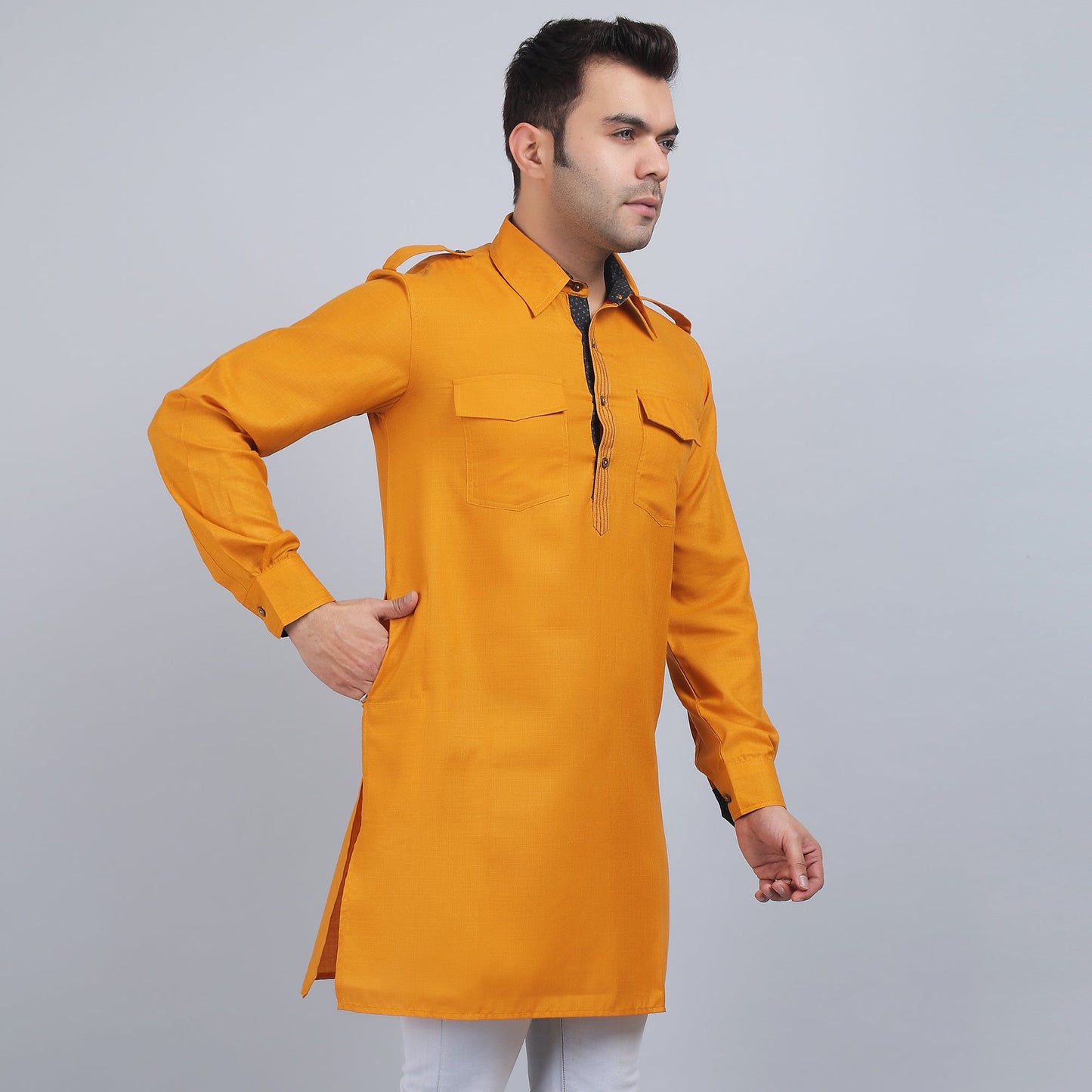 Mustard cotton pathani full-sleeves shirt collar kurta in comfort fit
