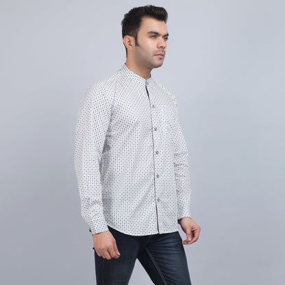 White Cotton printed band collar full sleeves shirt