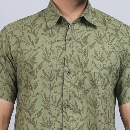 Olive Green Cotton printed half sleeves shirt