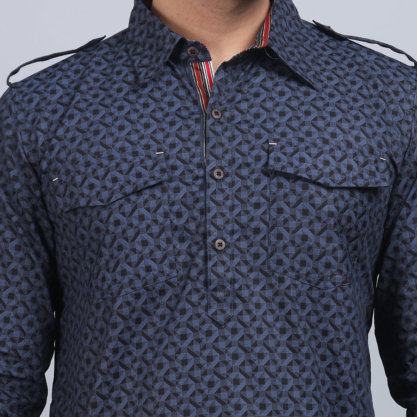 Blue grey cotton pathani full-sleeves shirt collar kurta in comfort fit
