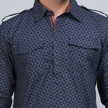 Blue grey cotton pathani full-sleeves shirt collar kurta in comfort fit