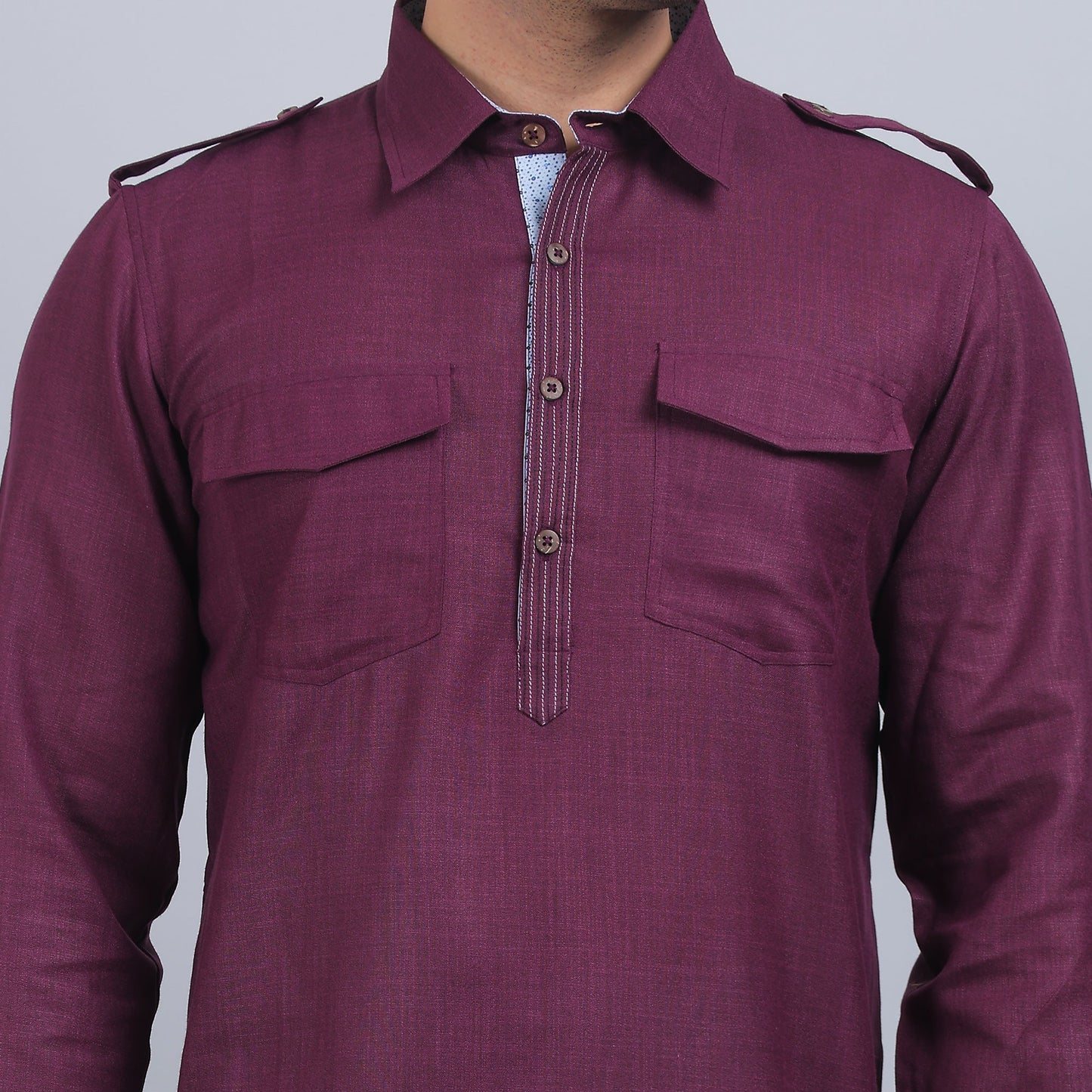 Purple cotton pathani full-sleeves shirt collar kurta in comfort fit