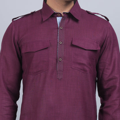 Purple cotton pathani full-sleeves shirt collar kurta in comfort fit
