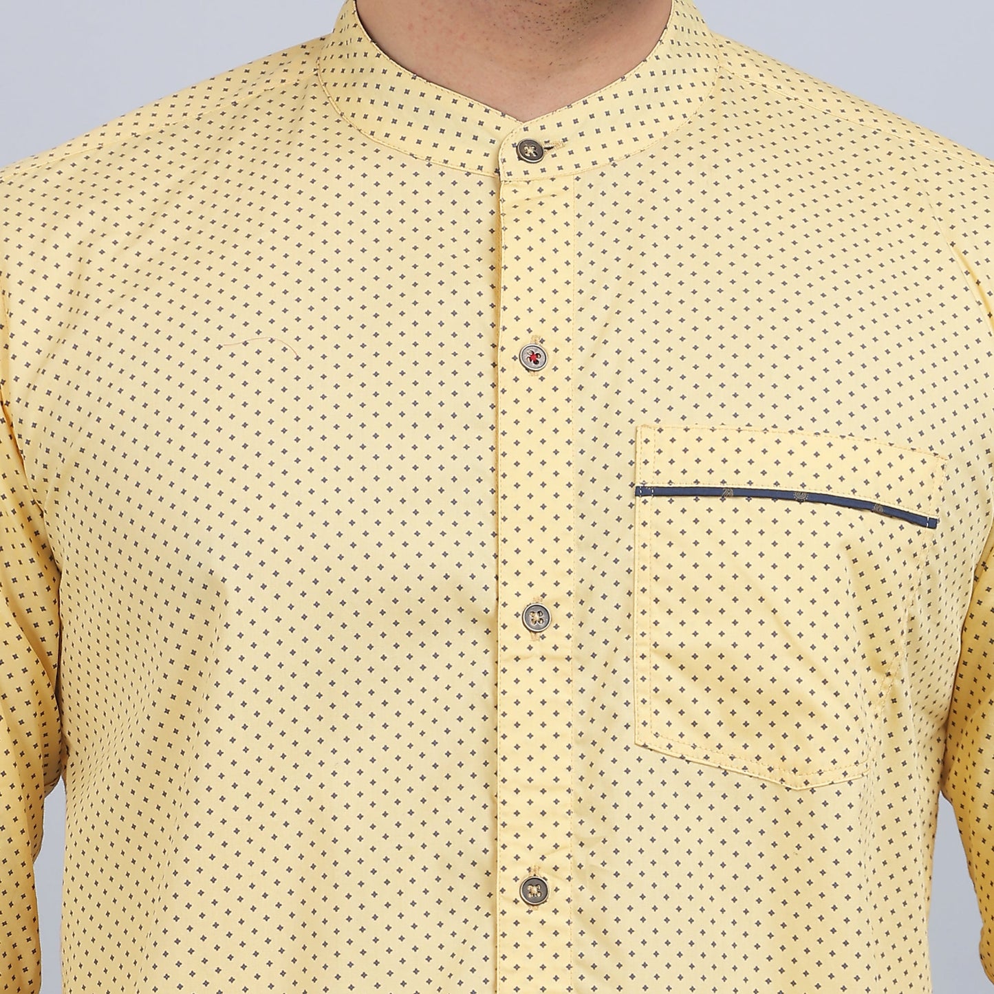Yellow cotton printed band collar full sleeves shirt