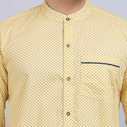 Yellow cotton printed band collar full sleeves shirt