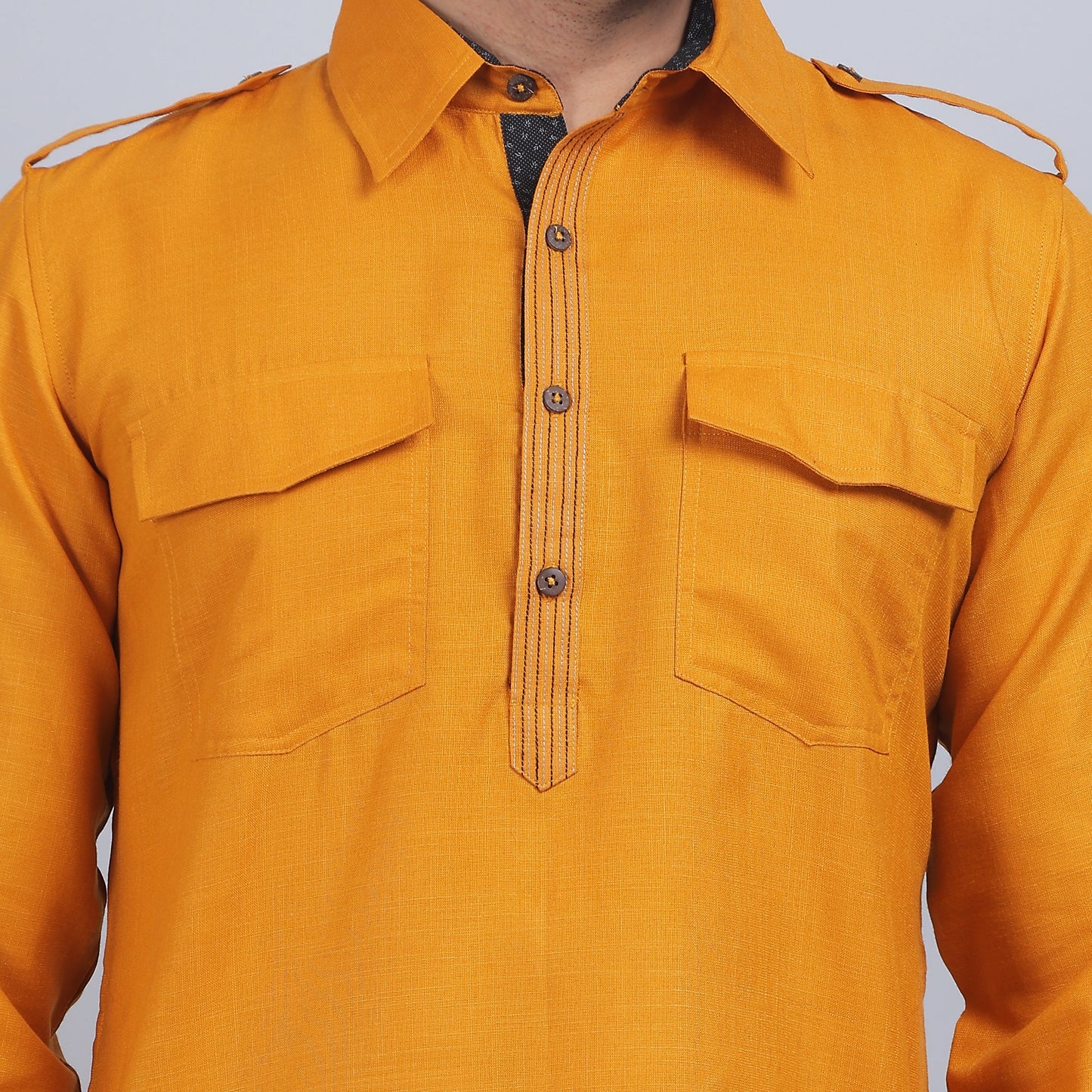Mustard cotton pathani full-sleeves shirt collar kurta in comfort fit